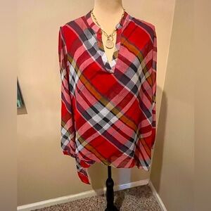 Joseph Ribkoff loose fitting flowy sheer v-neck plaid tunic popover, Size 8.